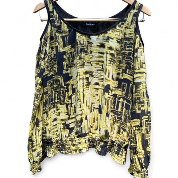 3/$15 Bebe cute Y2K Yellow and black abstract print cold shoulder top 2000s - Picture 1 of 6